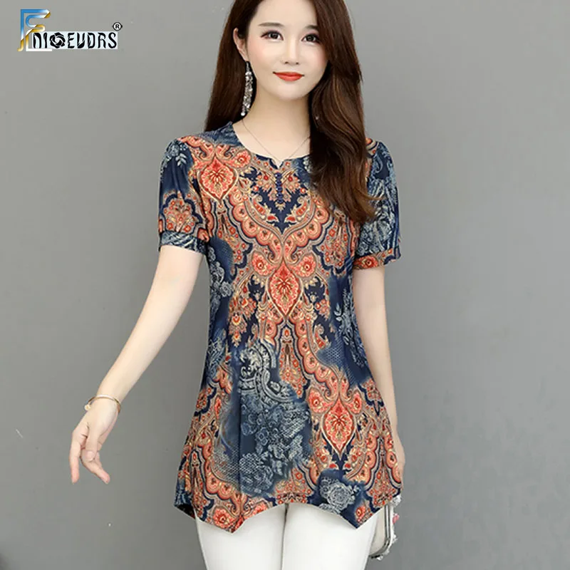 

Tunic Tops Woman Fashion Summer Short Sleeve Elegant Office Lady Work Floral Printed Vintage Top Basic Blouse Shirts 4XL 3XL
