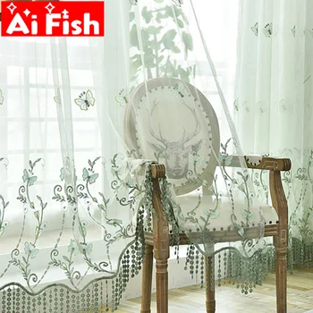 

New pastoral embroidery tulle curtains for living room green embossed lace butterfly bedroom curtain with sheer panels MY151#30