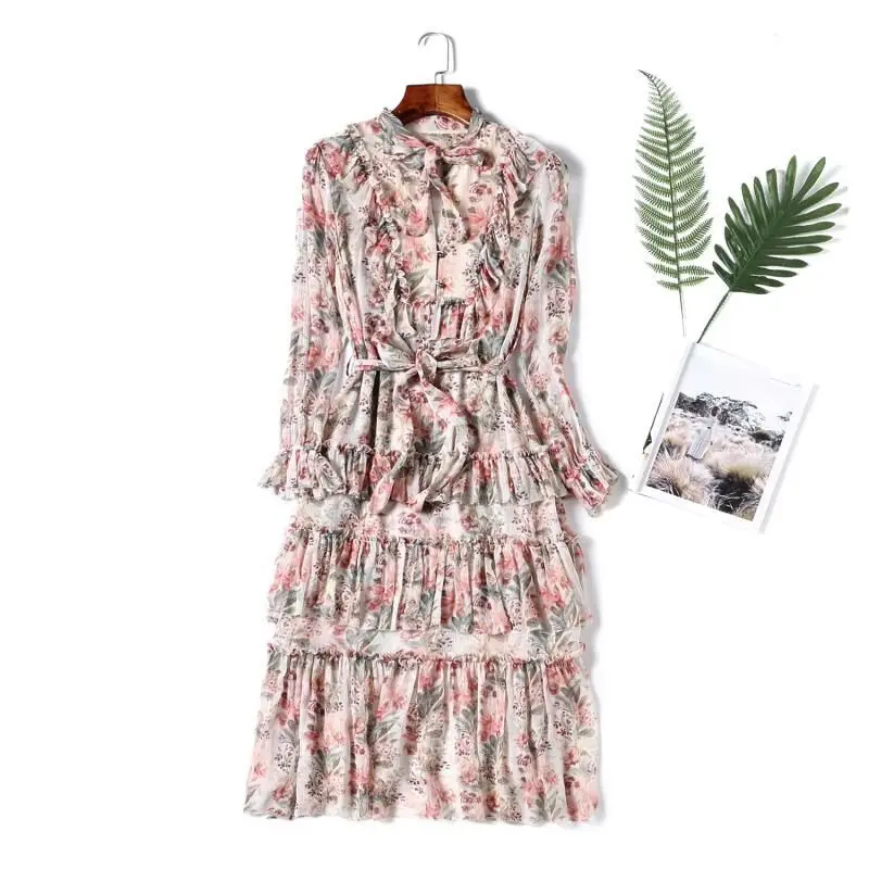 Персиковый цветочный жатый шелк жоржет Folly Neck Tie Playsuit эластичный рукав манжеты Присборенные оборки