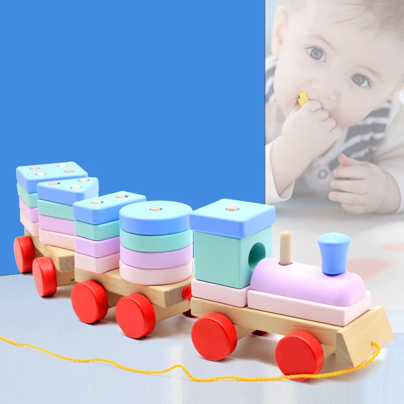 

Kids Toys Montessori Toys Trailer Wooden Train Vehicle Building Blocks Geometric Colour Cognition Educational Toys For Children