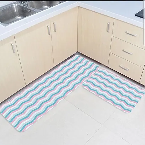 

2 Piece Kitchen Mats and Rugs Set Chevron Wave Lines Home Deocr Non Skid Area Runner Doormats Carpet