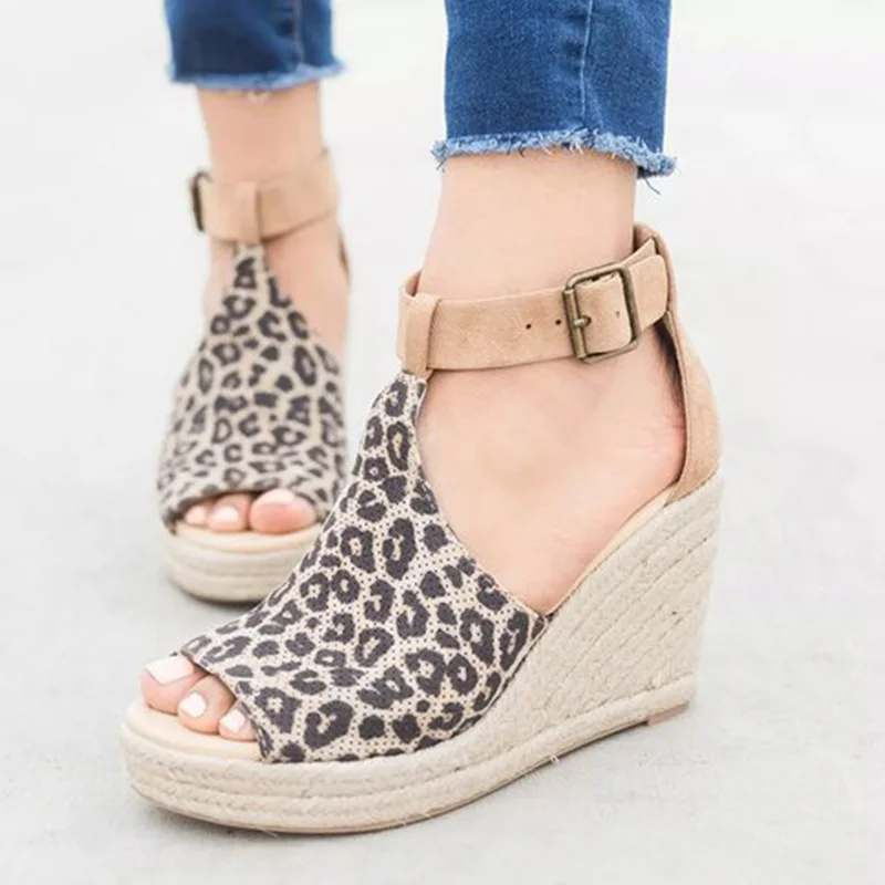 

Summer Platform Leopard gary Sandal Flock Bohemian woven sole wedge Ankle Outdoor Sandals Peep Toe Casual Shoes #0501
