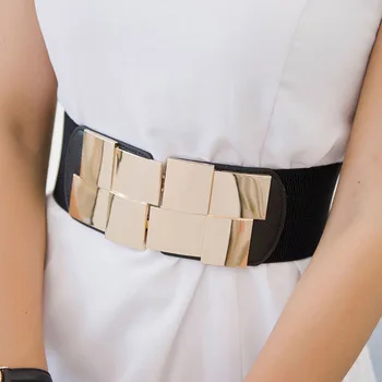 

1Pc Women Elastic Waist Closure Wide Belt Gold Square Buckle Dress Decorative Belt Female Self - cultivation Elastic Band Girdle
