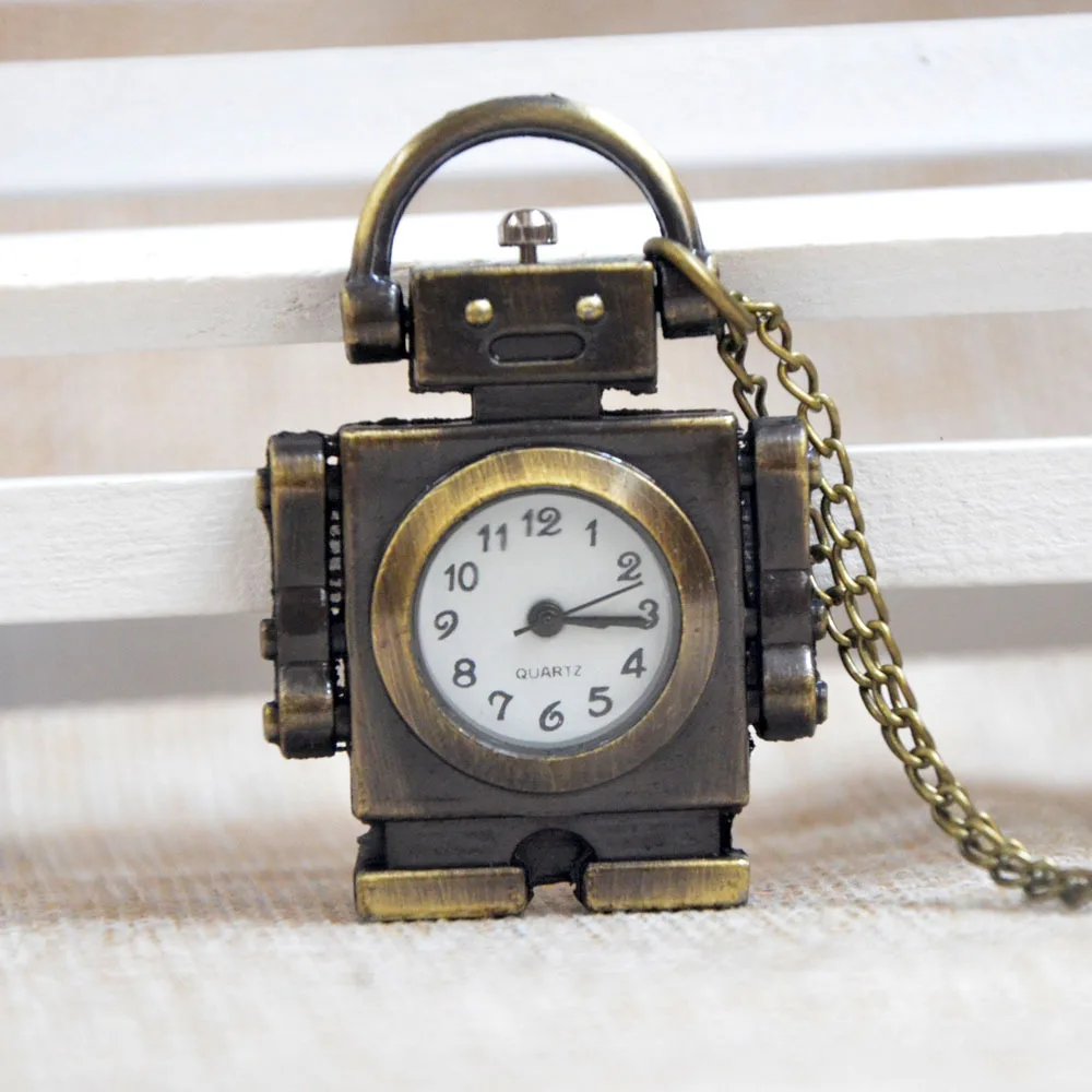A249 Men Women Retro Vintage Bronze Robot Quartz Pocket Watch Necklace