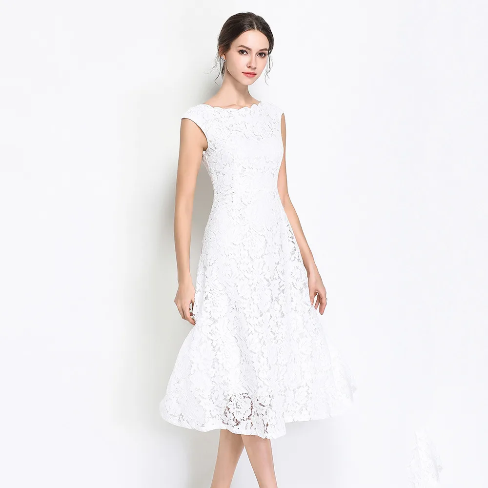 Summer White Lace Dress Women Sleeveless Elegant Midi Calf Dresses High