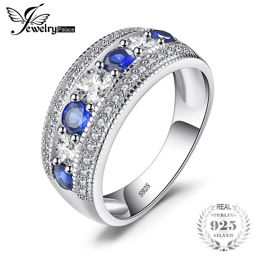 

JewelryPalace Luxury 1.54ct Round Created Blue Sapphire Cocktail Band Ring 925 Sterling Silver Fashion Brand Jewelry For Women