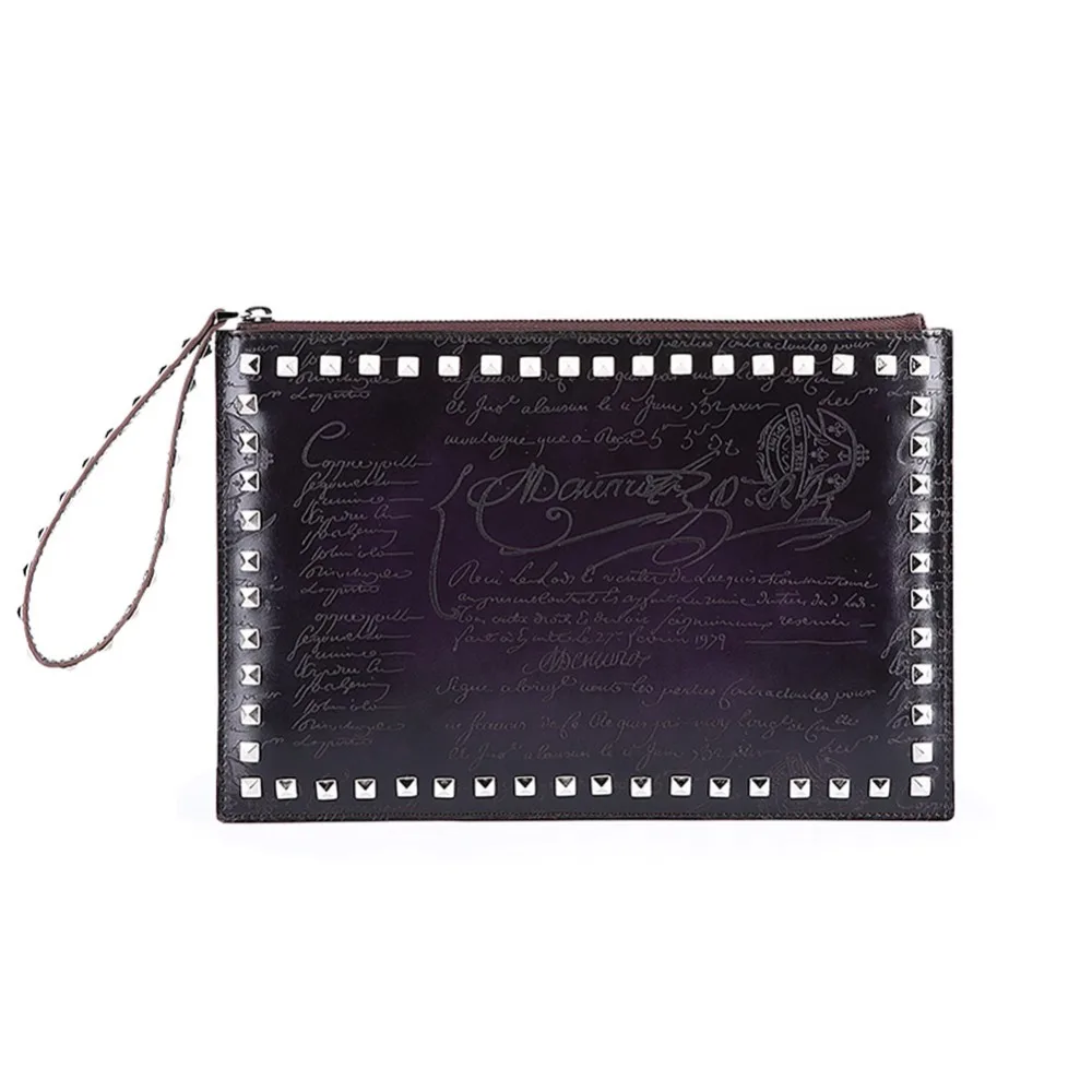 

TERSE_Wholesale price fashion rivet clutch bag men handmade genuine leather ipad bag engraving berluti style wrist bag OEM ODM
