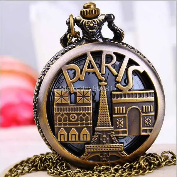 

10pcs /lot vintage Antique bronze Paris Eiffel Tower jewelry design necklace pocket watches pendant