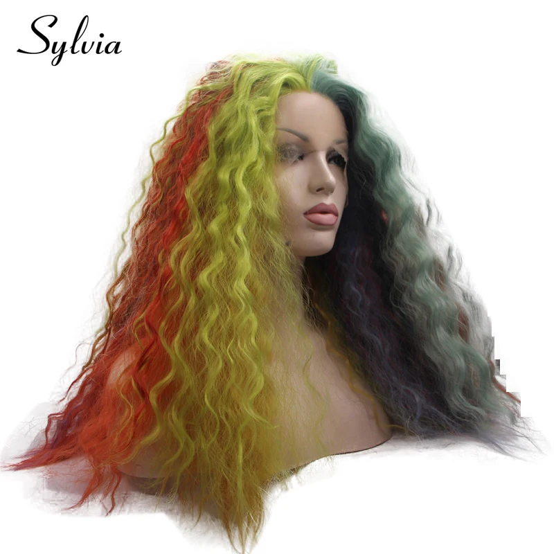 Sylvia Green Red Blue Multi-color Rainbow Curly Synthetic Lace Front Wigs Middle Part Long Heat Resistant Fiber Hair For Women