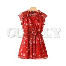CUERLY women chic floral print mini dress sexy V neck short sleeve elastic waist stylish female red A line dress vestidos stylish floral print mini cami dress for women