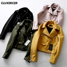 Новая модная женская замшевая мотоциклетная куртка Тонкий коричневый полный подкладка мягкий кожзаменитель Женское пальто