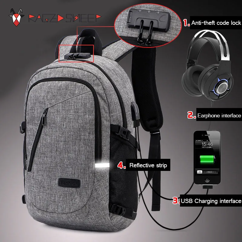 

2018 New Fashion Teenagers School Backpacks Men Oxford USB Charging Earphone Backpacks School Backpacks Waterproof Book Bags