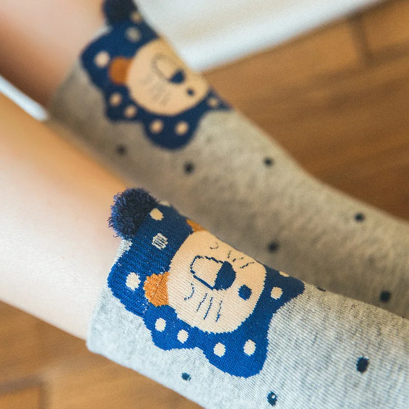 PEONFLY Bear Cat Dragon Cat Rabbit Fox Lion Cartoon Animals Wave Dot Stripe Pattern Three-dimensional Woman Cotton Socks Autumn