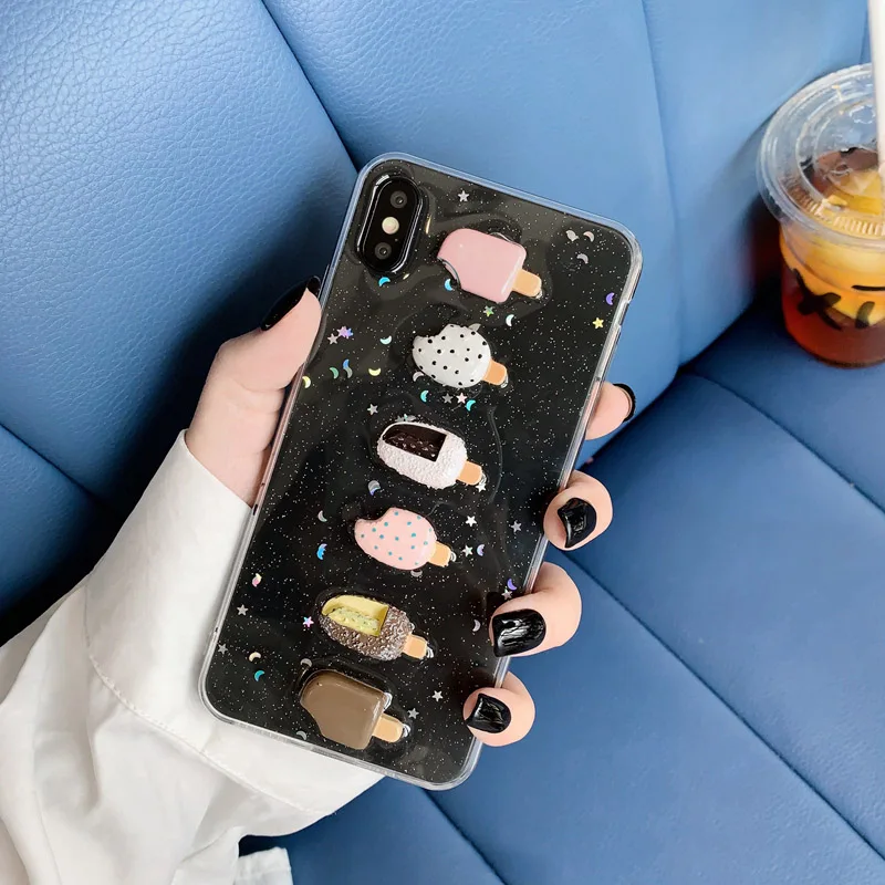 

Summer Ice cream Cases For iphone X XS Max XR 6 6s 7 8 plus Phone Case Cartoon Fashion Glitter Star Moon Sequins Soft Cover Capa