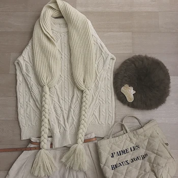 

Women Winter Warm Knitted Scarf Cotton Wrap Harajuku Kawaii Handmade Knitting Braid Warmer Scarves Vintage Tassel Scarf for Girl