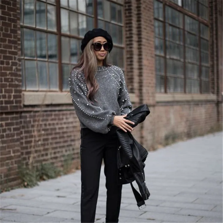 Doux Gris Cavalier Casual Chaud Femmes Misshow Femelle Court Gray D'hiver Chandail Lâche Lanterne Perles Manches Pull Col Roulé ARj54L