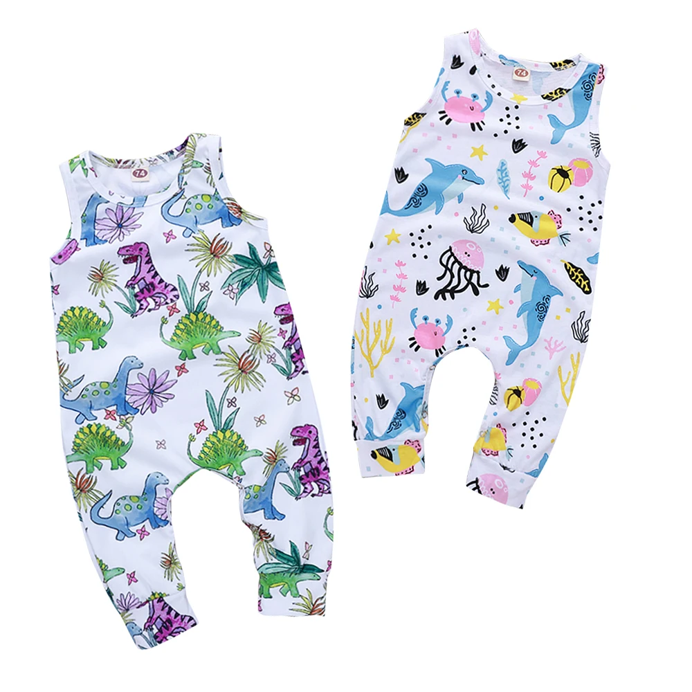 

Newborn Baby Girl One-piece Romper Cotton Green Dinosaur Print Sleeveless O-Neck Clothing Spring Toddler Baby Girl OverallsD20