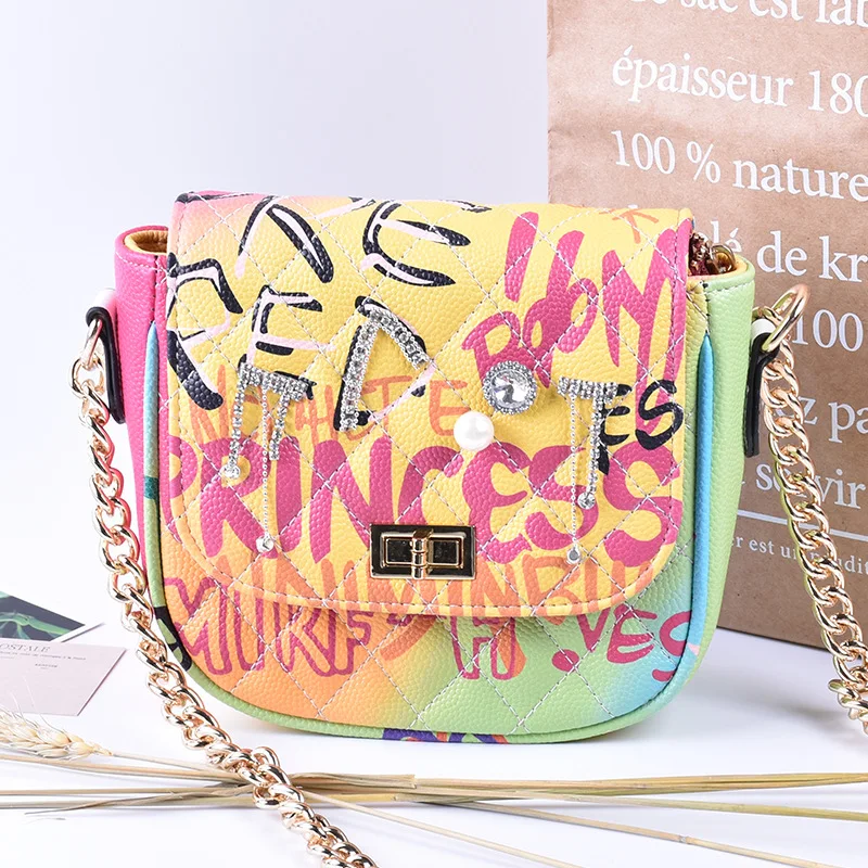 

Fashion Color Graffiti Printed Shoulder Bags Pu Leather Luxury Crystal Messenger bag Women Brand Luxury Chain Handbags B025