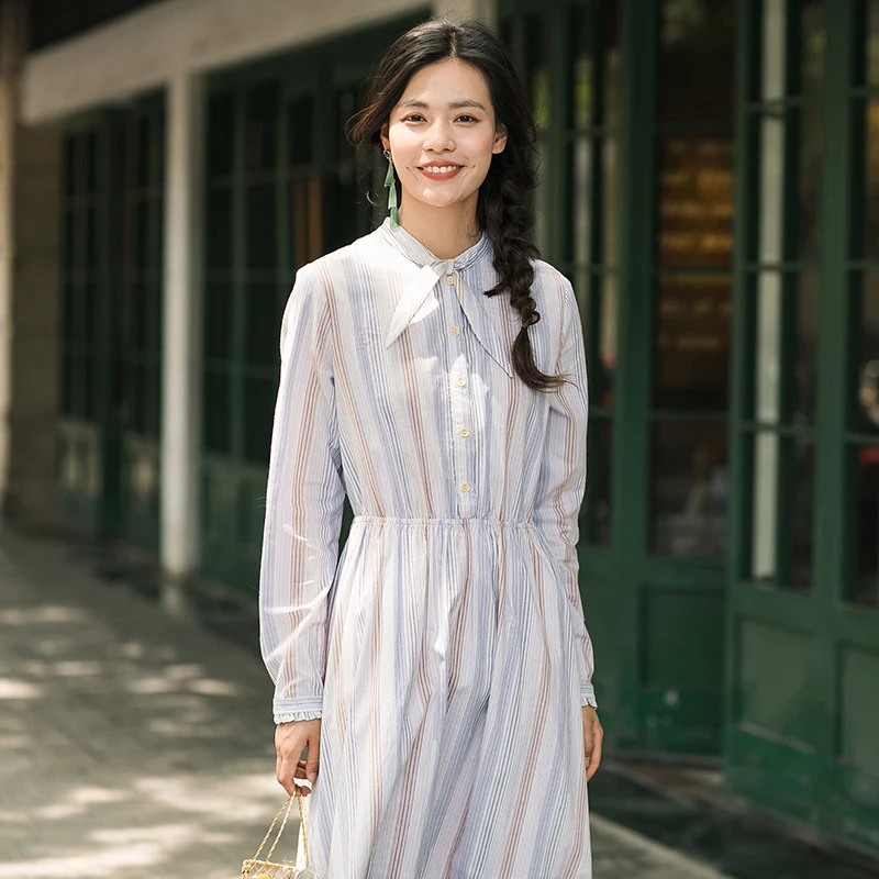 

INMAN Autumn New Arrival V Neck Elastic Waist A Line Long Sleeve Women Stripped Elegant Dresses