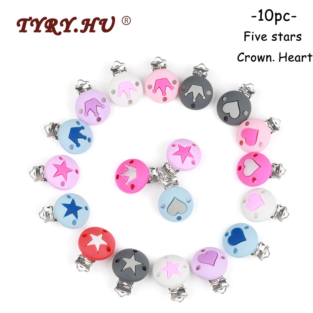 TYRY.HU 10pc Pacifier Chain Clip Round Star Crown Heart Food Grade Silicone Clip Baby Teething DIY Pacifier Chain Tool Accessori