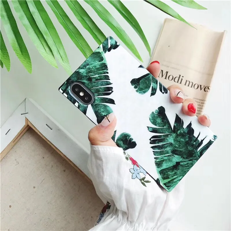 

Green Plant Cactus Banana Leaves Phone Case For iphone 11 Pro XS Max XR Glossy Square Cases For iphone X 7 8 6s Plus Back Cover