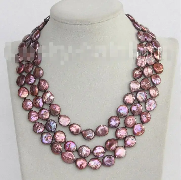 

FREE SHIPPING HOT sell new Style >>>>> adjustable 15.5"-17.5" 3row 12mm coin fastener wine red pearls necklace j10392