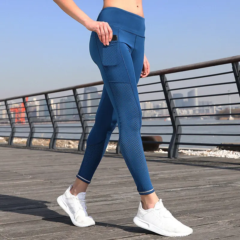 Oyoo/штаны для йоги со средней талией, с карманами, для контроля живота, белые леггинсы для тренировок, женская спортивная одежда, колготки для бега, сетчатые штаны для бега - Цвет: blue