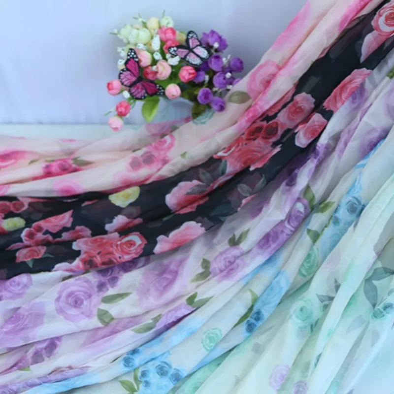 

30d Print Rose chiffon cloth costume hanfu skirt yarn silk scarf veil silk fabric