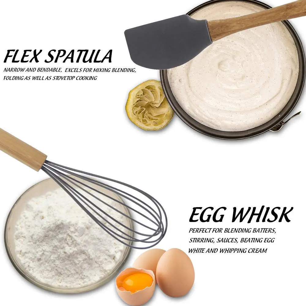 LMETJMA Silicone Kitchen Utensils Set 9-Piece Cooking Tools Set with Bamboo Holder Non-stick Cookware KC0212