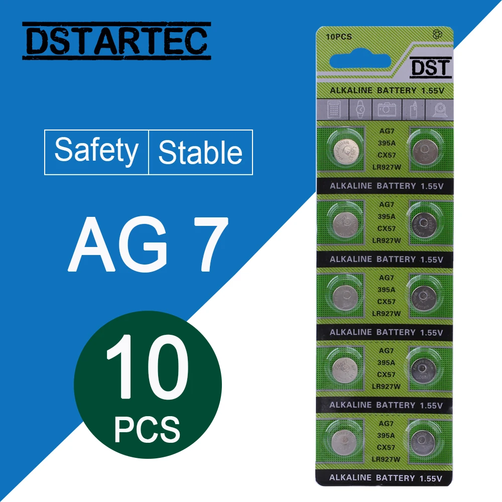 

10pcs/card 30mAh 1.55V AG7 LR927 LR57 SR927W 399 GR927 395A AG 7 Battery Button Batteries For Watch Toys Remote Cell Coin Batte