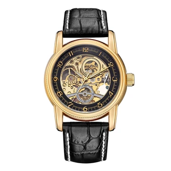 

ORKINA Automatic Skeleton Mechanical Watch Men Luxury Gold Case Black Leather Luminous Self winding Man Wrist Watches