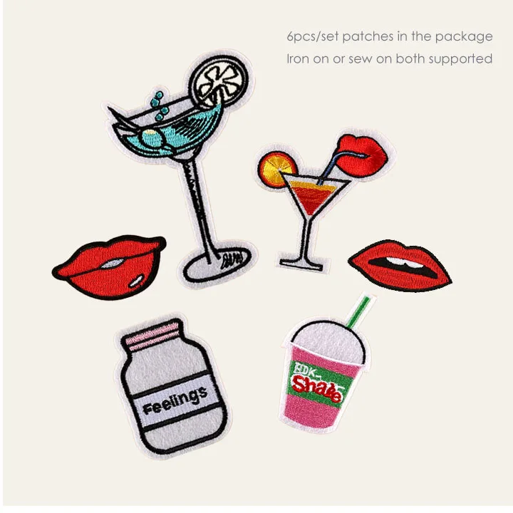 

6pcs/set cup lips Iron on Patches for Clothes Jean Jackets Embroidery Patch Stickers Clothing Applique Decoration Fabrics Badge