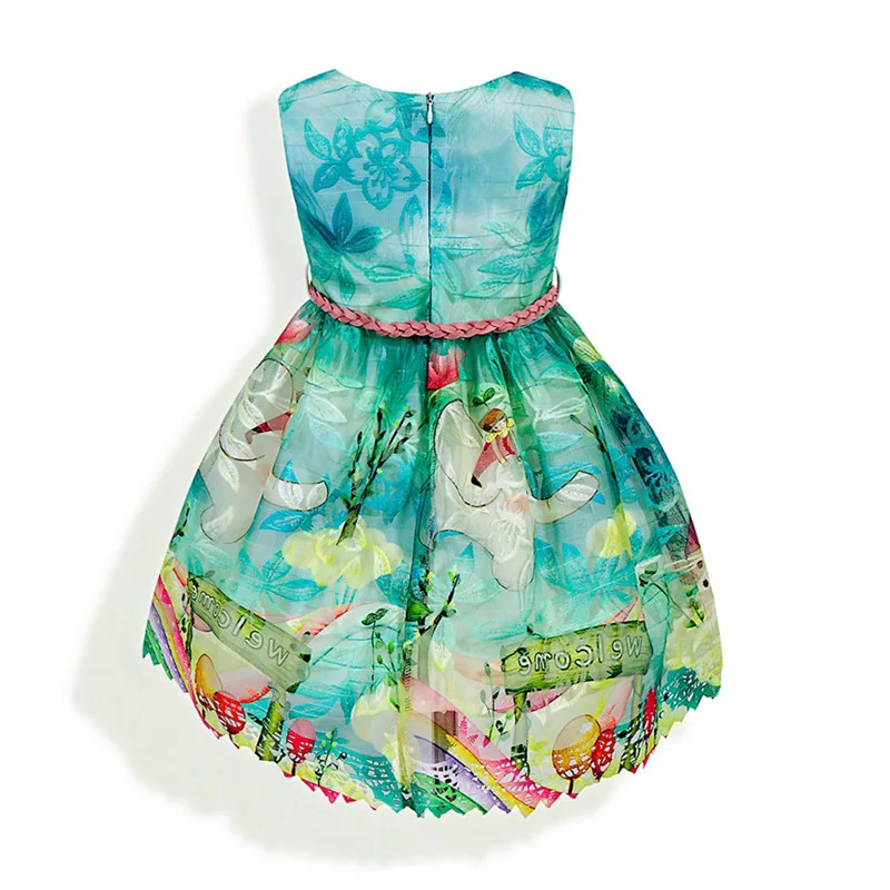 Mesh Floral Printed Children's Sleeveless Princess Dress Sexy Wavy Hem Lace Dress Free Belt Big Pink Flower Kids Dresses10