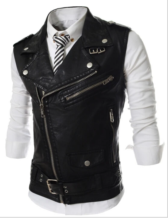 2016 New Arrival Men s Casual Multi Zipper Leather Vest Short Design Turn Down Collar Slim