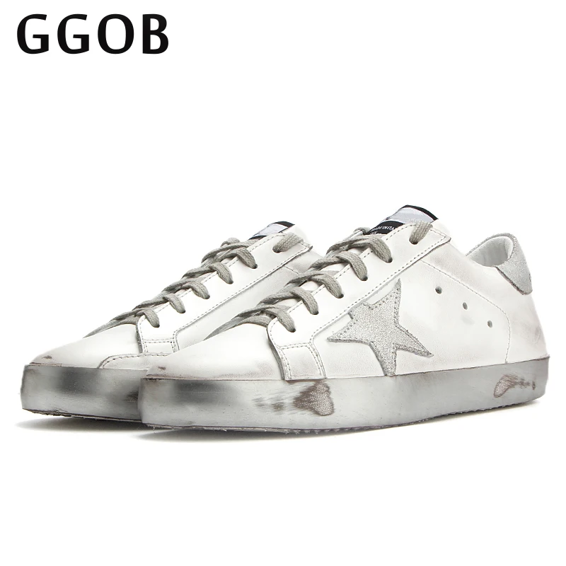 

GGOB Handmade Genuine Cowhid 2018 Women Casual Shoes Leather ladies shoe Silver Star trainers leather Shoes Do Old Dirty Shoes