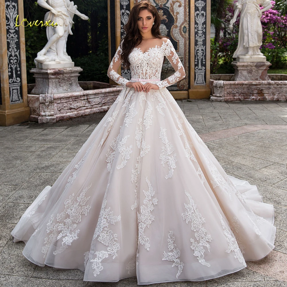 Loverxu Vestido De Noiva с длинным рукавом винтажные Свадебные платья Аппликации Кнопка суд Поезд линии свадебное платье плюс размеры
