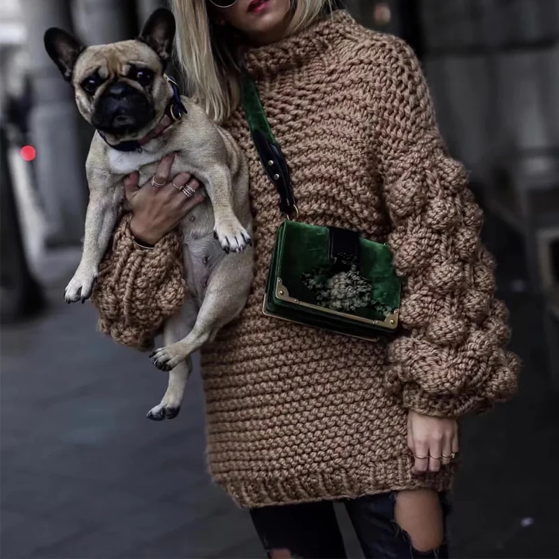 

2018 Hand Knitted Sweater Women Winter Pullover Sweaters Lantern Long Sleeve Sweater Women Turtleneck Jumper Sueter Mujer