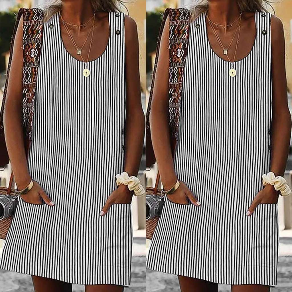 

Women Crew Neck Dresses Daytime Casual Pockets Striped Mini Dress