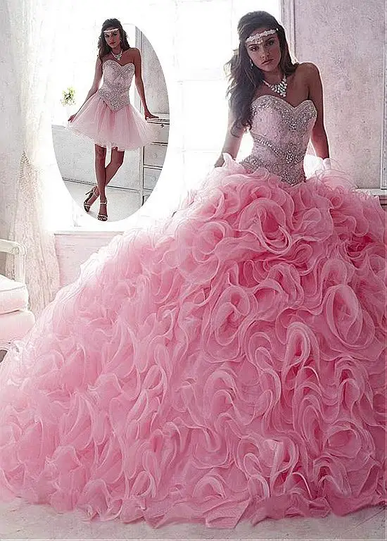 2016 Pink 2 Pieces Ball Gowns Quinceanera Dresses Rhinestones Beaded