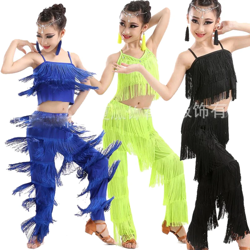 Colors Samba Latin dancewear costumes Girls Salsa ballroom Fringe trim dance Top&Pants costume Adult Ballroom dancing dress