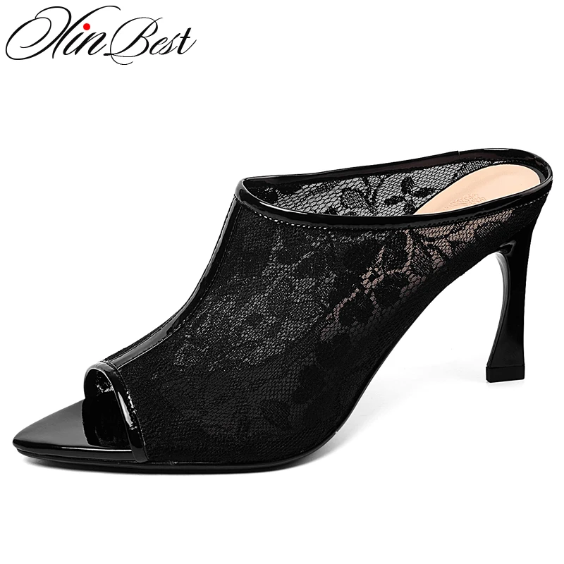 

Xinbest Sexy Peep Toe Embroider Women Slippers Outdoor Pointed Toe Thin Heels Ladies Slippers Silk Floral High Heel Slippers