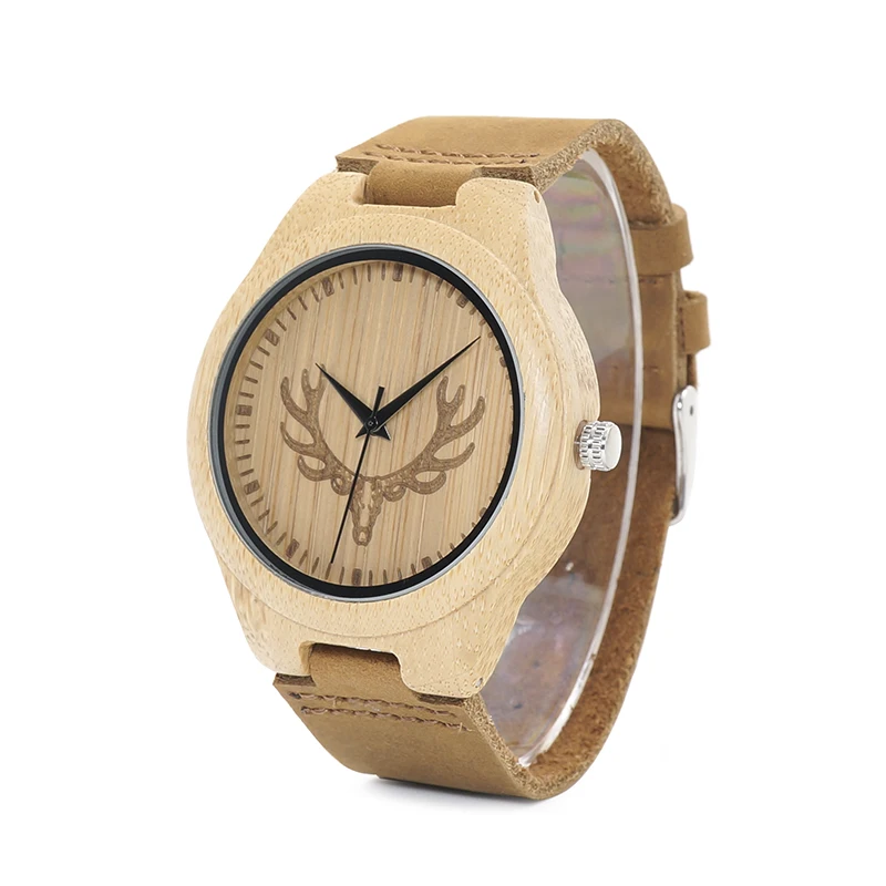 BOBO BIRD WM08 Mens Deer Head Design Buck Bamboo Wooden Watches Luxury Wood Watches With Soft Leather Strap for Men Women