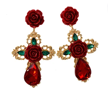 

Big dangle Earring for Women red crystal flowers Statement Drop Earrings Big Cross rhinestones drop Earrings vintage Jewelry