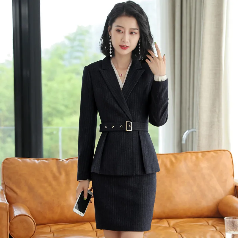 2018 Uniform Office Ladies Business Work Suit Women Slim Fit Pants/Skirts Suits Black Blue Striped Womens 2 Piece Outfit Sets