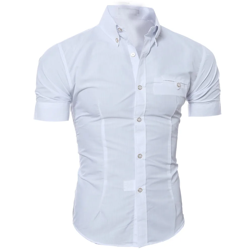 Shirt Men White Shirt Tops Button Pocket Short Sleeve Tee Shirt Casual Men Clothes Dress Shirts Man Fashion 2019 Work Clothes