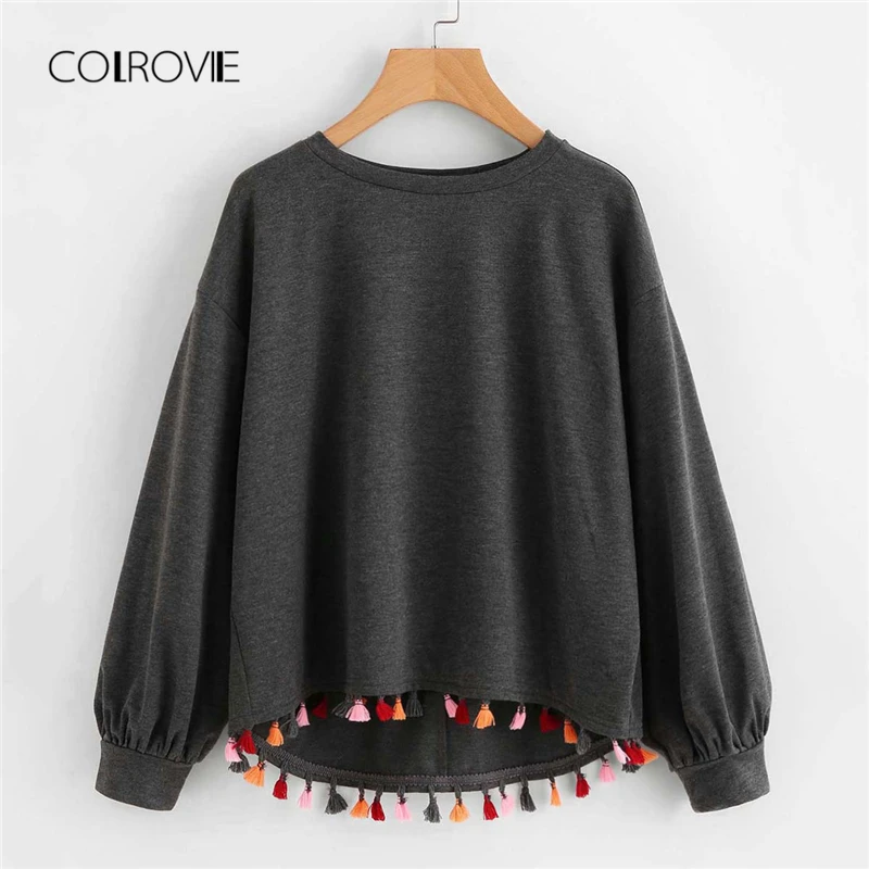 Женская толстовка с цветными кисточками COLROVIE серая Повседневная Толстовка