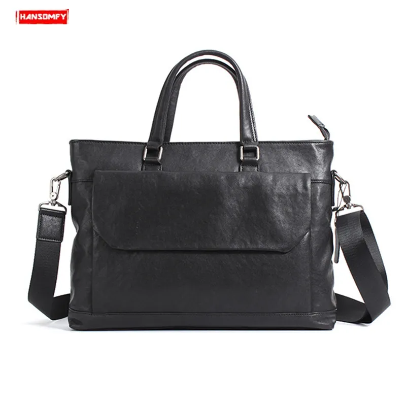 

New soft black Cowhide leather men's business handbag cross section laptop briefcases genuine leather shoulder computer bags