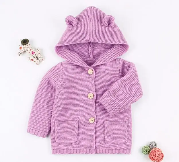 Вязаный кардиган для маленьких мальчиков и девочек; однотонные вязаные топы с капюшоном и ушками; теплое пальто; модная детская куртка с длинными рукавами - Цвет: Фиолетовый