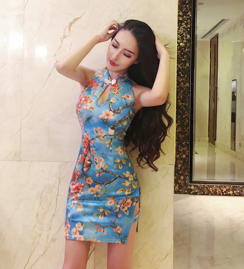Традиционное китайское платье, женское атласное платье Ципао с лямкой на шее, платье Ципао mujere vestido, платье Чонсам с цветами, китайское платье