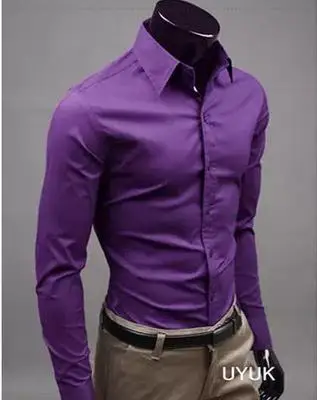 Европейская и американская мода, яркие цвета, мужская рубашка с длинными рукавами, весна и осень, новая мужская однотонная Повседневная рубашка - Цвет: Фиолетовый